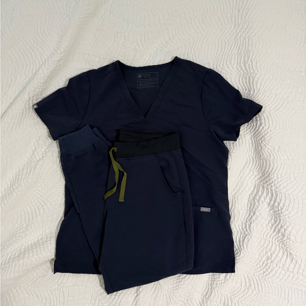 Figs Navy Scrub Set with Olive Detail
